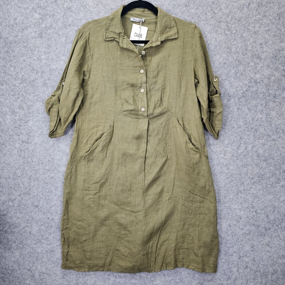 Elena Baldi European Linen Tunic Dress S Army Green Shift Summer Italy Italian
